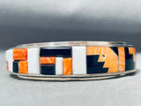 The Most Unique Vintage Native American Navajo Orange Shell Inlay Sterling Silver Bracelet-Nativo Arts