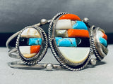 Rare Brick Inlay!! Vintage Native American Navajo Turquoise Coral Sterling Silver Bracelet Cuff-Nativo Arts