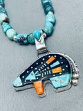 Space Bear Native American Navajo Turquoise Inlay Sterling Silver Necklace-Nativo Arts