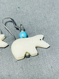 Whimsical Native American Zuni Shell & Turquoise Polar Bear Sterling Silver Earrings-Nativo Arts