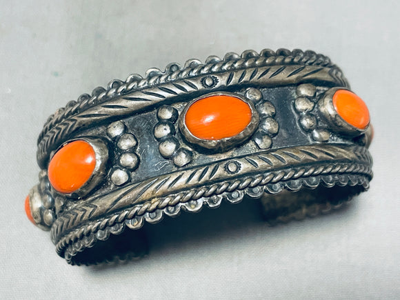 Dropdead Fab!! Extra Ornate Vintage Native American Navajo Coral Sterling Silver Bracelet-Nativo Arts