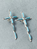 Long Cross Vintage Native American Zuni Needle Turquoise Sterling Silver Earrings-Nativo Arts