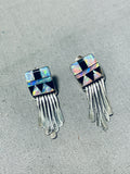 Dazzling Vintage Native American Zuni Inlay Opal Jet Square Sterling Silver Earrings-Nativo Arts