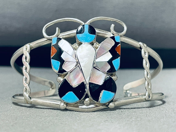 Gorgeous Native American Zuni Signed Inlay Jet Turquoise Coral Silver Butterfly Bracelet-Nativo Arts