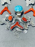 Amazing Native American Navajo Coral & Turquoise Sterling Silver Pendant And Earrings Set-Nativo Arts