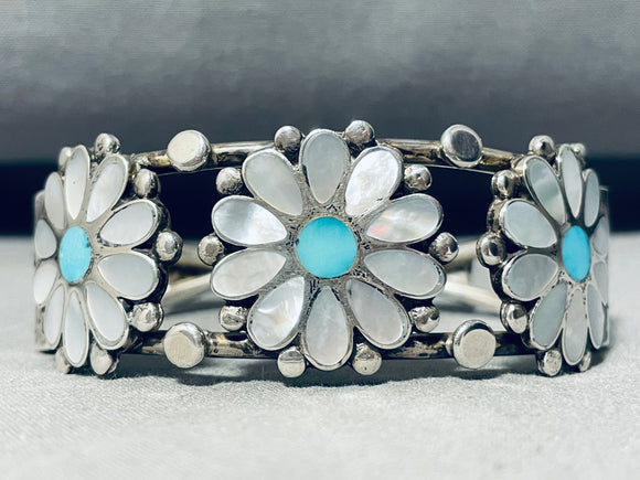 Daisy Flowers Vintage Native American Zuni Turquoise Sterling Silver Inlay Bracelet-Nativo Arts