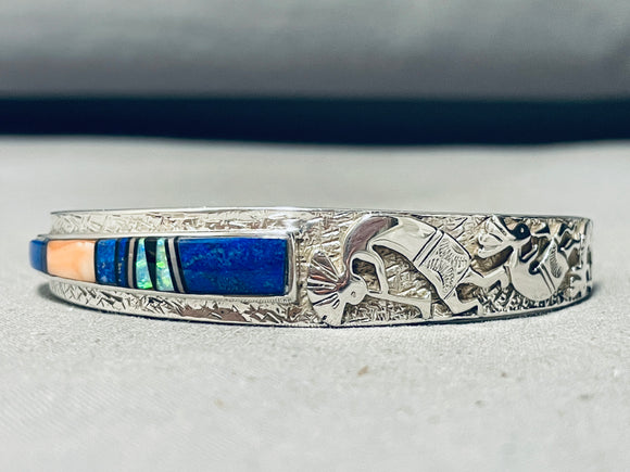 Kachina Kokopelli Lapis Turquoise Vintage Native American Navajo Sterling Silver Inlay Bracelet-Nativo Arts