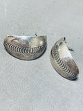 Timeless Vintage Native American Navajo Sterling Silver Convex Half Moon Earrings-Nativo Arts