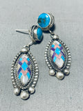 One Of Most Beautiful Vintage Native American Navajo Turquoise Inlay Sterling Silver Earrings-Nativo Arts