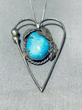 Lovely Vintage Native American Navajo Morenci Turquoise Sterling Silver Heart Necklace-Nativo Arts