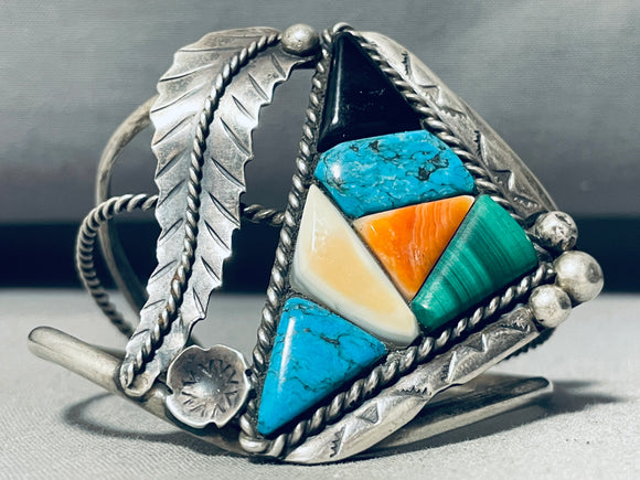 Jaw Dropping Fab Vintage Native American Navajo Turquoise Inlay Sterling Silver Leaf Bracelet-Nativo Arts