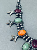 Native American Womens Green Turquoise Vintage Sterling Silver Squash Blossom Necklace