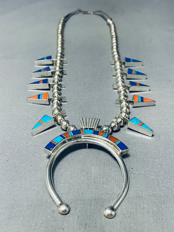 Gasp! Vintage Native American Zuni Turquoise Inlay Sterling Silver Squash Blossom Necklace-Nativo Arts