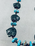 Native American Fascinating Vintage Zuni Jet Bear Fetish & Turquoise Sterling Silver Necklace-Nativo Arts