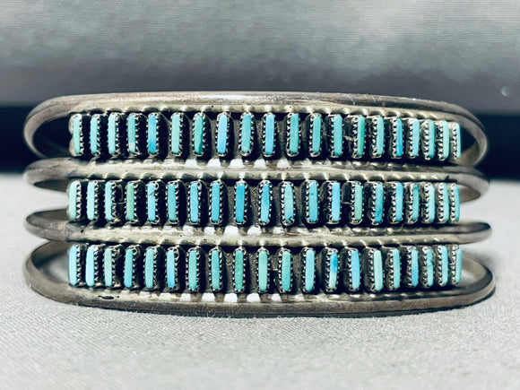 Tripe Needle Row!! Vintage Native American Zuni Turquoise Sterling Silver Bracelet-Nativo Arts