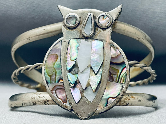 Best Vintage Southwest Sterling Silver Owl Shell Inlay Bracelet