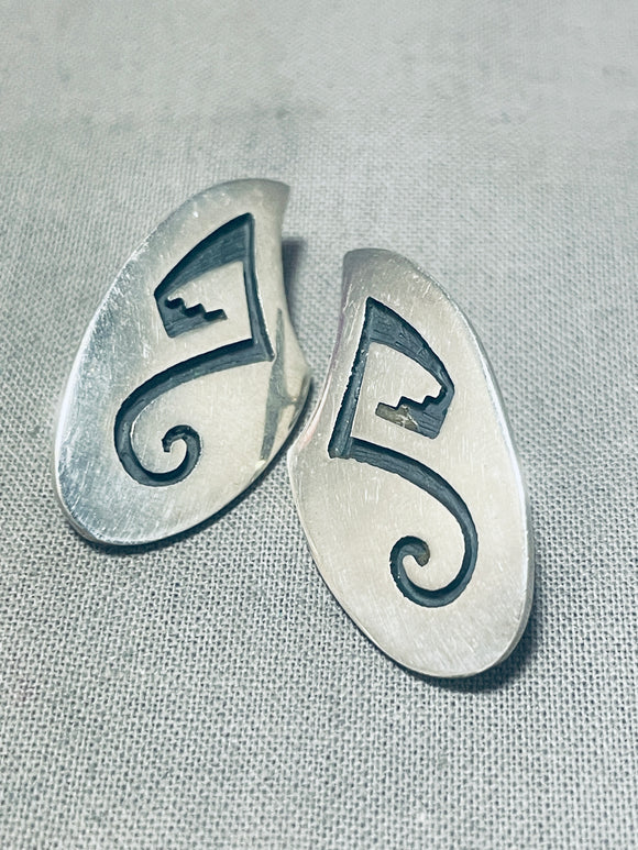 Remarkable Vintage Signed Native American Hopi Sterling Silver Overlay Earrings-Nativo Arts