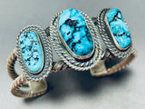 Heavy Coil Cuff Signed Native American Navajo 3 Morenci Turquoise Sterling Silver Huge Bracelet-Nativo Arts