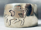 Wide Vintage Navajo Hand Tooled Bull Sterling Silver Bracelet Cuff