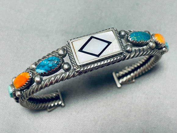 One Most Unique Coiled Vintage Native American Navajo Turquoise Inlay Sterling Silver Bracelet-Nativo Arts