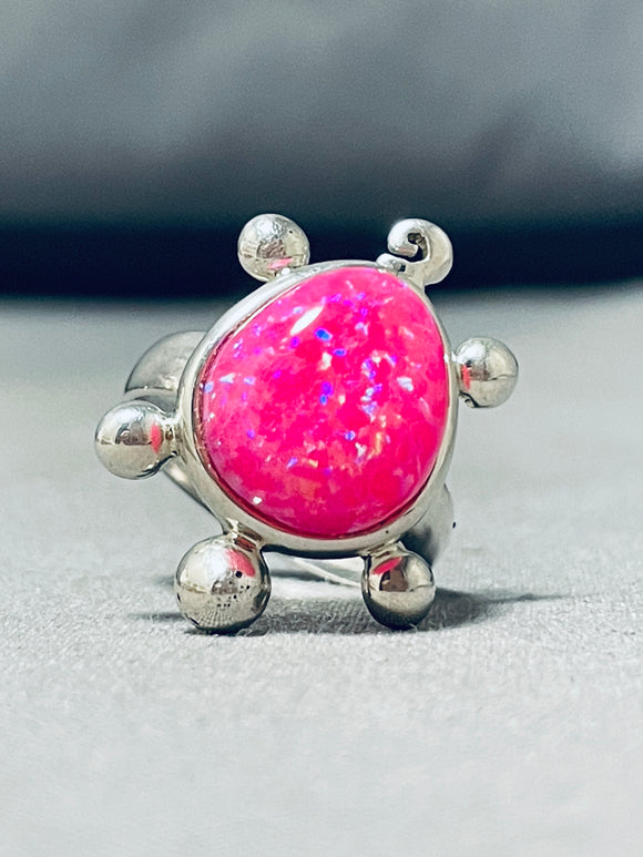 Whimsical Signed Native American Zuni Pink Synthetic Opal Sterling Silver Turtle Ring-Nativo Arts