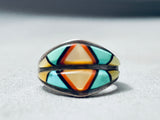 Detailed Intricate Vintage Native American Zuni Size Sz 6.5 Inlay Sterling Silver Turquoise Ring-Nativo Arts