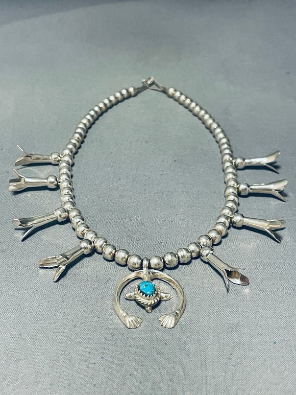 Dropdead Fab!! Vintage Native American Navajo Turquoise Sterling Silver Squash Blossom Necklace-Nativo Arts