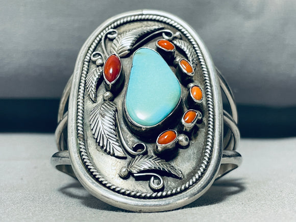 Mary Velasquez Vintage Native American Navajo Turquoise Sterling Silver Coral Bracelet-Nativo Arts