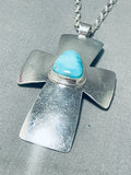 Impressive Native American Navajo Blue Gem Turquoise Sterling Silver Signed Cross Necklace-Nativo Arts