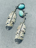 Ernest Rangel Vintage Native American Navajo Royston Turquoise Sterling Silver Feather Earrings-Nativo Arts
