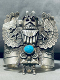 Ornate Native American Navajo 8 Turquoise Sterling Silver Kachina Bracelet-Nativo Arts