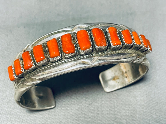 Tommy Tso (d) Vintage Native American Navajo Coral Stepping Stone Sterling Silver Bracelet-Nativo Arts