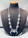Snow Owl Vintage Native American Zuni Turquoise Inlay Sterling Silver Squash Blossom Necklace-Nativo Arts