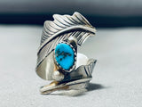 Outstanding Vintage Native American Navajo Blue Gem Turquoise Sterling Silver Feather Ring-Nativo Arts