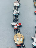 Looney Tunes Old Zuni Turquoise Sterling Silver Inlay Squash Blossom Necklace-Nativo Arts