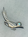 Whimsical Vintage Native American Navajo Blue Gem Turquoise Sterling Silver Road Runner Pin-Nativo Arts