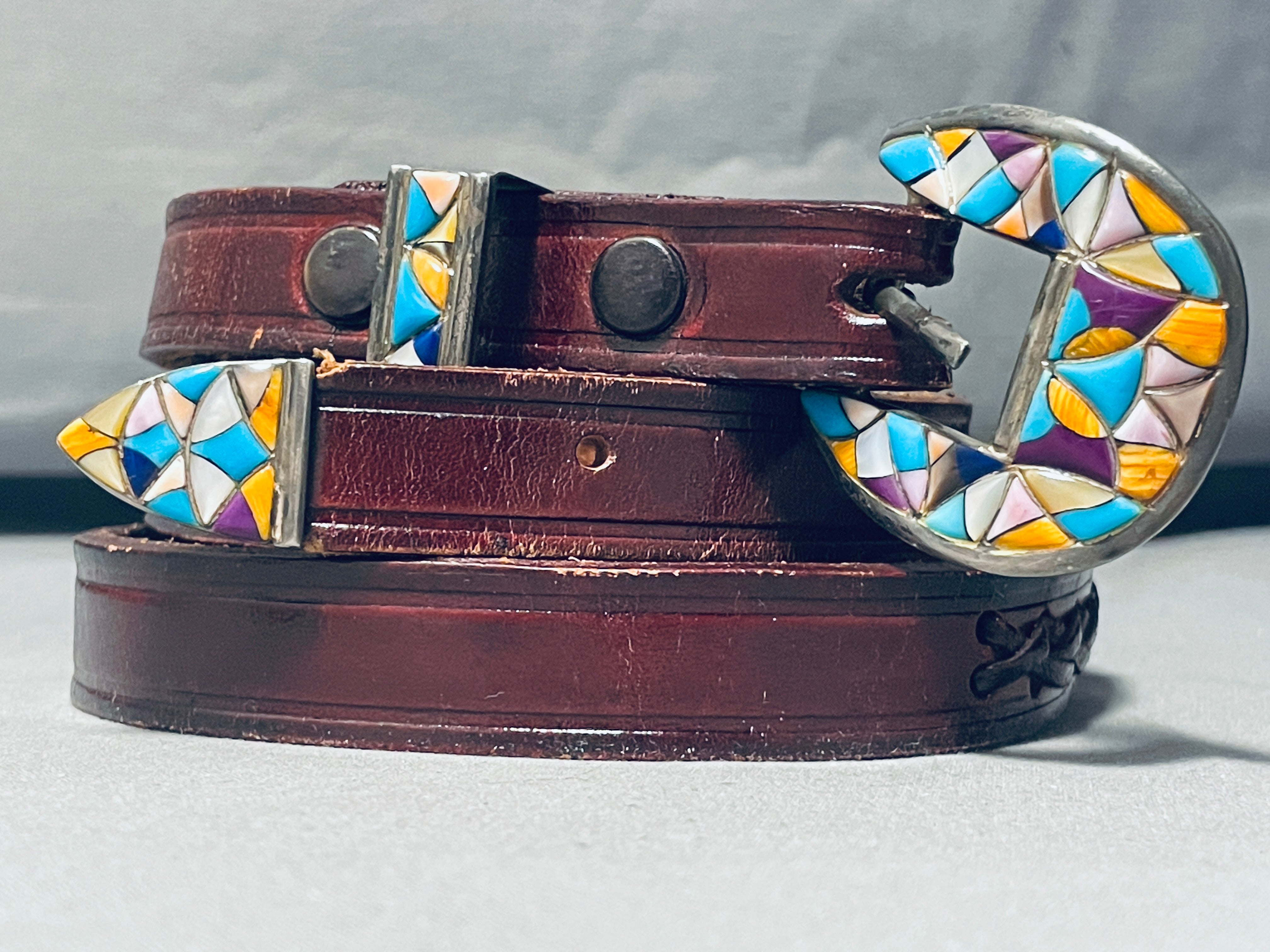 Sterling,  Gf and turquoise Native American belt and Aztec with turquoise Silver Navajo/Mexico Turquoise Belt Buckle, Signed  main image 2