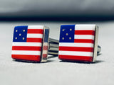 Vibrant Native American Navajo Signed Inlay Coral Lapis Shell Inlay Flag Silver Cuff Links-Nativo Arts