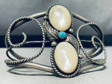 Elegant Vintage Native American Navajo 2 Mother Of Pearl Turquoise Sterling Silver Bracelet-Nativo Arts