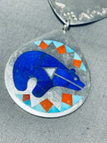 Bear Of Lapis Vintage Native American Zuni Turquoise Inlay Sterling Silver Necklace-Nativo Arts