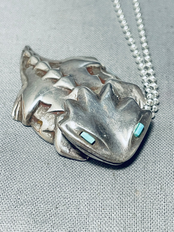 Symbolic Horned Toad Vintage Navajo Turquoise Sterling Silver Necklace-Nativo Arts
