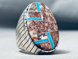 30 Grams Heavy Big Native American Navajo Turquoise Agate Sterling Silver Inlay Ring-Nativo Arts