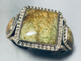 Very Early Huge Vintage Native American Navajo Olive Green Turquoise Sterling Silver Bracelet-Nativo Arts