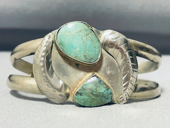 Superior Vintage Native American Navajo Green Turquoise Sterling Silver Leaf Bracelet-Nativo Arts