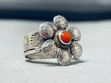 Signed Native American Navajo Coral Sterling Silver Flower Ring-Nativo Arts