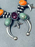 Native American Womens Green Turquoise Vintage Sterling Silver Squash Blossom Necklace