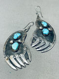 Gigantic Vintage Native American Navajo Bear Paw Turquoise Sterling Silver Earrings Old-Nativo Arts