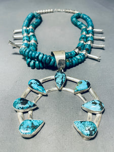 198 Grams Native American Navajo Turquoise Sterling Silver Squahs Blossom Necklace-Nativo Arts