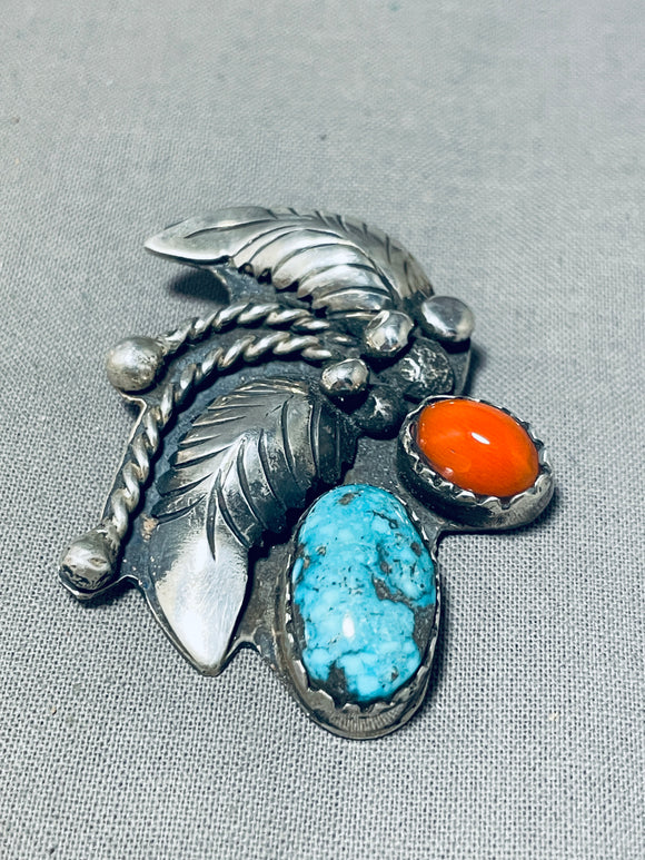 Colorful Vintage Native American Zuni Pilot Mountain Turquoise Coral Sterling Silver Pendant-Nativo Arts