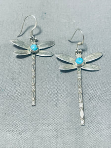 Pretty Vintage Native American Zuni Blue Gem Turquoise Sterling Silver Dragonfly Earrings-Nativo Arts